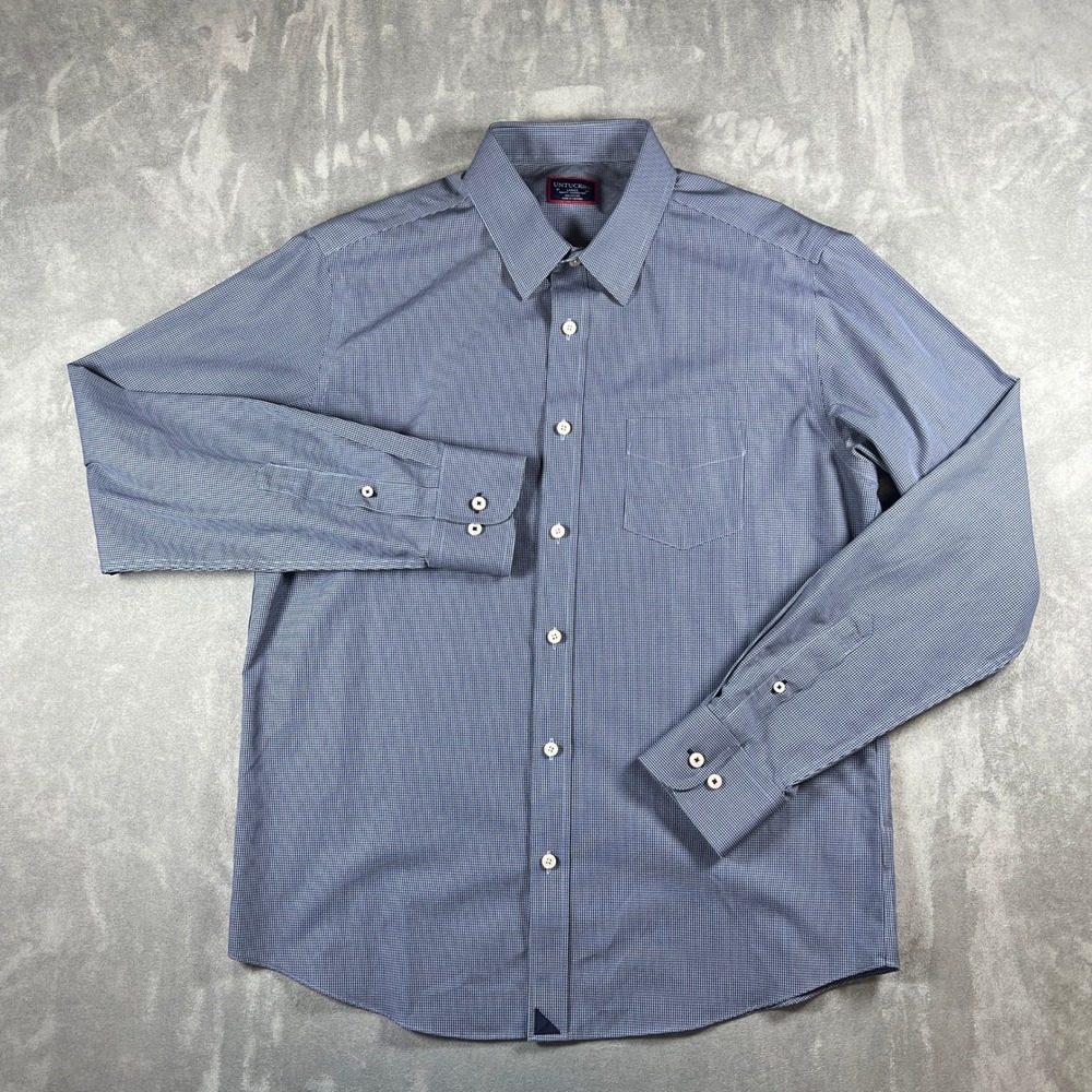 UNTUCKit Marcasin Blue Micro Check Slim Fit Wrinkle Free Shirt Mens Large